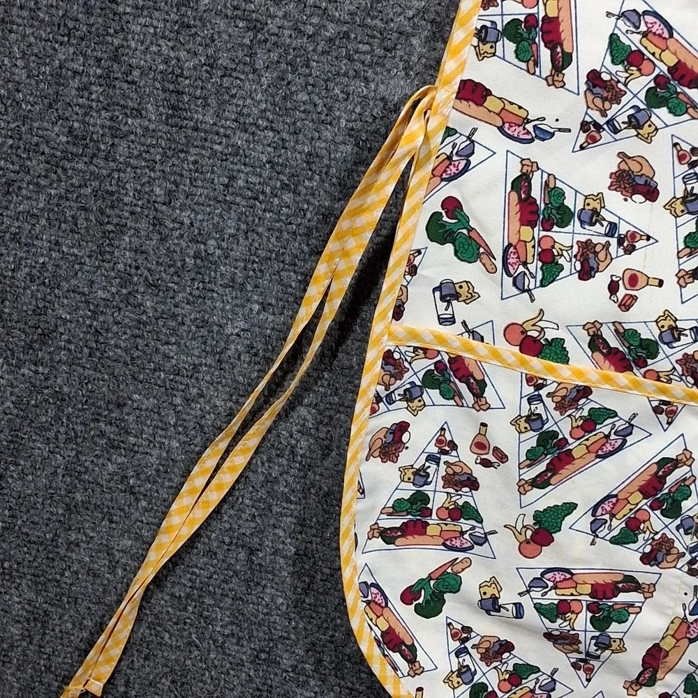 Vintage Food Pyramid Print Tabard Apron Yellow Gingham‎ Trim Smock Pockets Multi